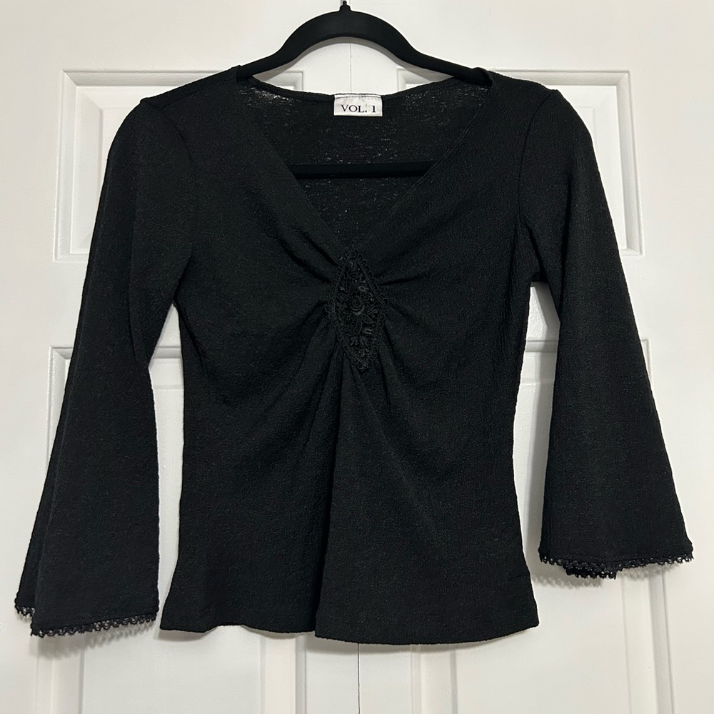 Vintage Y2K Whimsygoth Black Bell Sleeve Top w/ Crochet Detail – Vol. 1